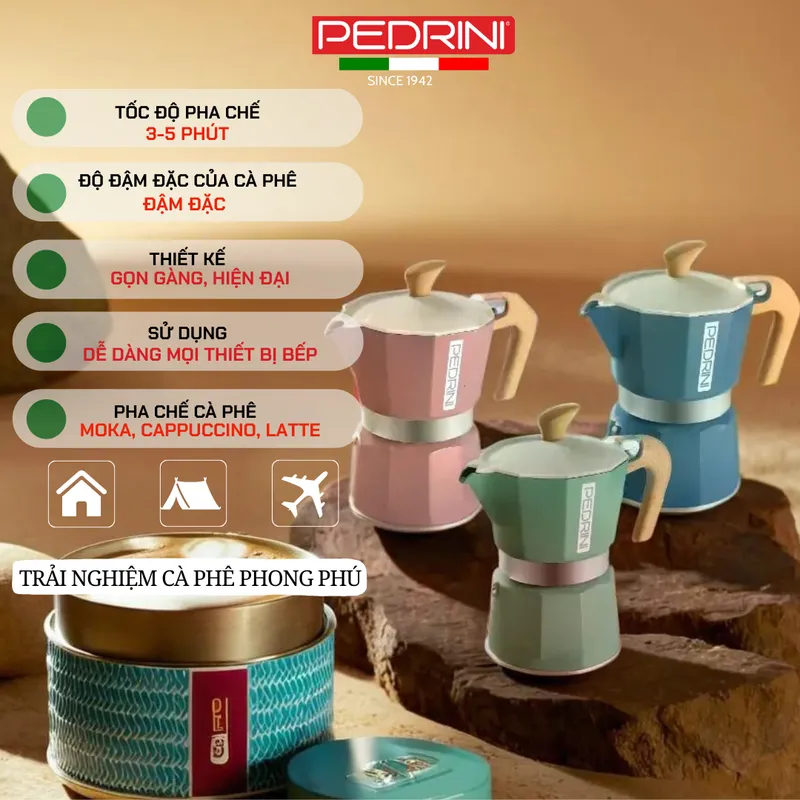 PEDRINI MyMoka Color Ấm Pha Cà Phê 2 Tách - Xanh Vintage 4