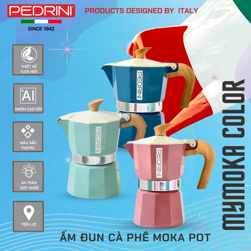 PEDRINI MyMoka Color Ấm Pha Cà Phê 2 Tách - Xanh Vintage 5