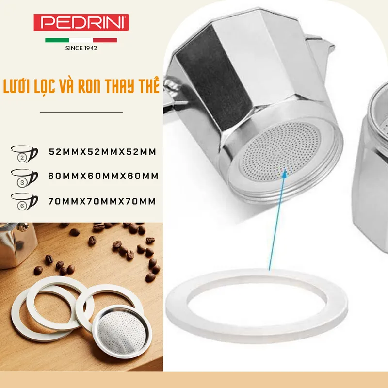 PEDRINI Bộ 3 Gioăng & 1 Lọc Thay Thế Kaffettiera Ấm Pha Cà Phê 2 Tách 11
