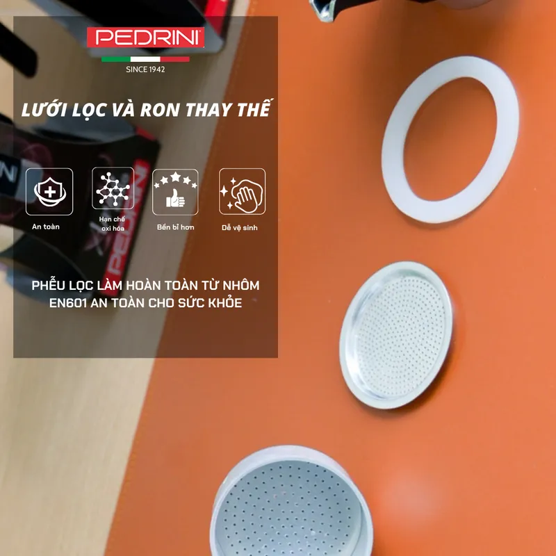 PEDRINI Bộ 3 Gioăng & 1 Lọc Thay Thế Kaffettiera Ấm Pha Cà Phê 2 Tách 15