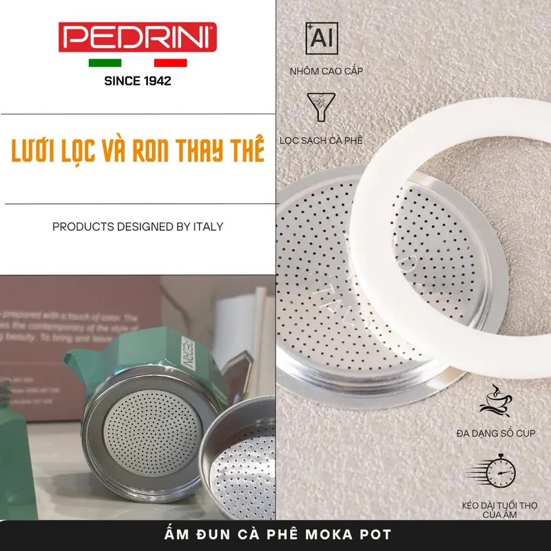 PEDRINI Bộ 3 Gioăng & 1 Lọc Thay Thế Kaffettiera Ấm Pha Cà Phê 3 Tách 14