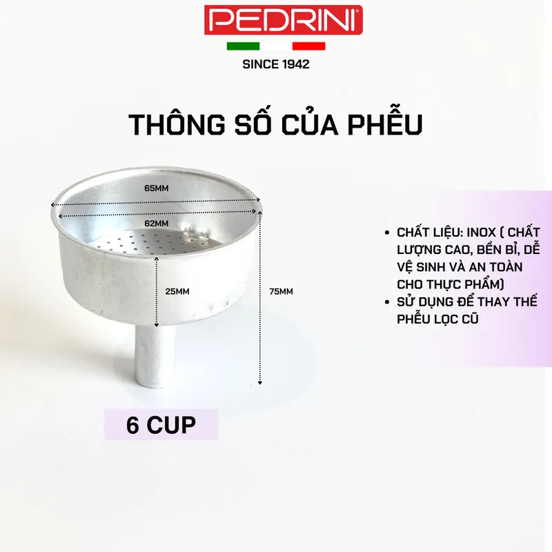 PEDRINI Phễu Thay Thế Kaffettiera Ấm Pha Cà Phê 6 Tách 14