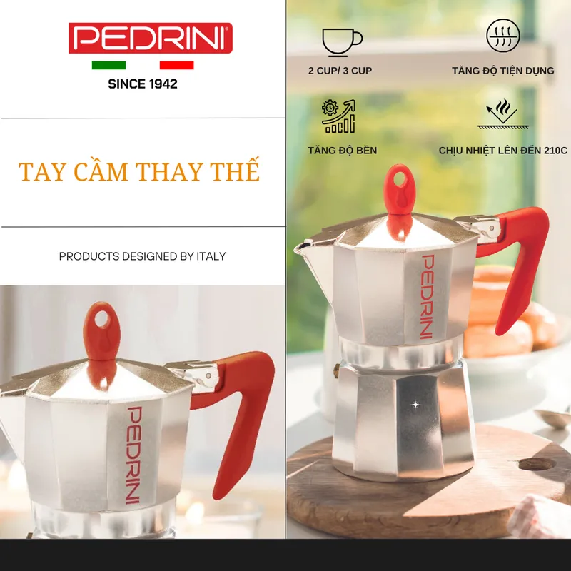 PEDRINI Tay Cầm Thay Thế Kaffettiera Ấm Pha Cà Phê 2 Tách - Đỏ 12